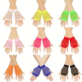 Resim Solid Color Yüksek Elastik Balık Ağı Eldivenleri, Kısa Hollow Out Parmaksız Eldivenler, Parti Gece Kulübü Dans Performansı İçin Punk Dekoratif Eldivenler 