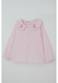 Resim Breeze Kız Çocuk Gömlek Yaka Kısmı Çiçek Nakışlı Düğmeli 4-9 Yaş, Pembe 