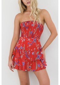 Resim Fashion Cocktail Sırt Korseli Ayarlanabilir Bağlamalı Çiçekli Bohem Kloş Etek Mini Şifon Elbise Kırmızı Kırmızı 