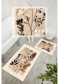 Resim Dijital Baskı Yaprak Desen Kaymaz Taban 2li Set Banyo Paspası Klozet Takımı 50x60cm-60x100cm Krem 