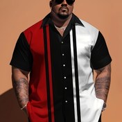 Resim Erkekler için Büyük Beden Rahat Kısa Kollu Düğmeli Gömlek Şık Siyah, Kırmızı ve Beyaz Çizgili Renk Bloğu Baskı ile - Hafif Polyester Karışımı, Makinede Yıkanabilir, Yaz Tatili Stili, Tatil Giyim | Şık Rahat Gömlek | Spandeks Konforlu, Kısa Kollu Üstler, BÜYÜK BEDEN 