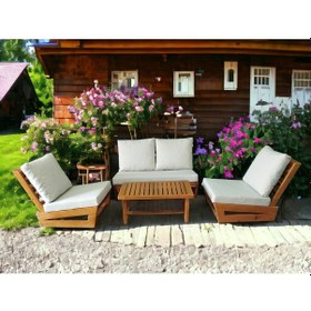 Resim Nepal Bahçe Masif Çam Ahşap Koltuk Takımı -2+1+1+orta Sehpa Krem 