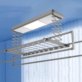 Resim Uzaktan Kumandalı Elektrikli Tavan Tipi Çamaşır Kurutma Makinesi, Ayarlanabilir Yükseklik, 35 kg Kapasite, Aydınlatmalı Alüminyum Alaşımlı Raf - Yerden Tasarruf Sağlayan Çamaşır Çözümü (Gri) 