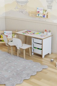Resim POFİTTO Çocuk Masa Sandalye Takımı 90x45 Cm 3 Sepetli Çocuk Çalışma Ve Aktivite Masası Yaz-sil,2 Sandalyeli 