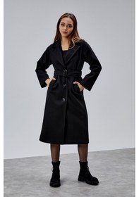 Resim Siyah Premium Oversize Kemerli Kaşe Kaban Siyah 