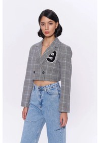 Resim Kareli Çift Düğmeli Crop Blazer Ceket Gri Gri 