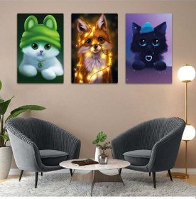 Resim Sevimli Kediler 3'lü Mdf Tablo Set 