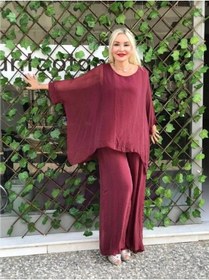 Resim Bohem Stil İtalyan Yarasa Kol İpek Bluz & Pantolon Takım-8767 Bordo 