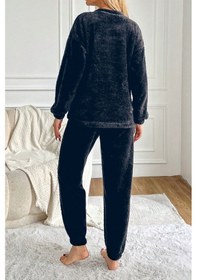 Resim Nisanca Desenli Tam Peluş Kışlık Yılbaşı Kadın Pijama Takımı Siyah 