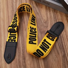 Resim Uyarı Bant Tasarımlı Ayarlanabilir Yüksek Kaliteli Gitar Askısı - Elektrikli, Akustik Gitarlar ve Baslar için Parlak Sarı Dayanıklı Kumaş Kayış - Güvenli Siyah Tokalar & Rahat Ayarlanabilir Uyum, Gitar Askı Kilidi 