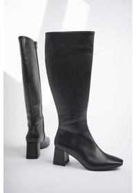 Resim Muggo Karoline Garantili Küt Burun Yandan Fermuarlı Topuklu Kadın Çizme siyah 