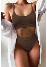 Resim Suadela Giyim Yüksek Bel Fitilli Kumaş Tankini Bikini Takım Kahve 001 