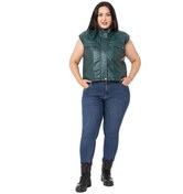 Resim Büyük Beden Alttan Büzgü Detaylı Cepli Astarlı Deri Kısa Haki Yelek-haki Haki 