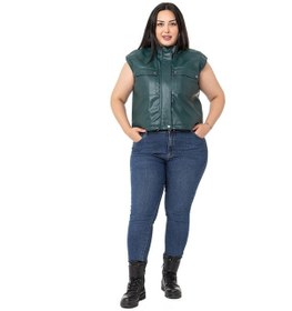 Resim Büyük Beden Alttan Büzgü Detaylı Cepli Astarlı Deri Kısa Haki Yelek-haki Haki 