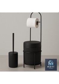 Resim Kovalı Tuvalet Kağıtlığı, Çöp Kovalı Tuvalet Kağıdı Askısı Ve Tuvalet Fırça Seti Siyah 
