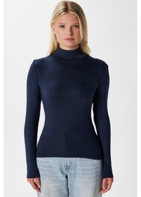 Resim Kadın Feel Lux Touch Dik Yaka Lacivert Uzun Kol Soft Bluz Lacivert 