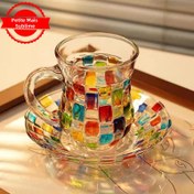 Resim 1 Set Nordic Glass Kahve Bardağı ve Tabak, El Yapımı Çizgili Çay Seti ile Canlı Mozaik Tasarımı, 6.8oz/200ml, Zarif Modern Avrupa Stili, Tatil Ev Hediyesi için Mükemmel, Tatil Hediye Aracı | Canlı Mozaik Tasarımı | Dayanıklı Cam Eşyalar, Kahve Bardağı 