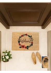 Resim Krans 40x60 Cm, Çelenk Desenli Kapı Önü Koko Paspası Karşılama Temalı, Kaymaz Taban Açık Kahverengi 