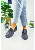Resim Günlük Kadın Loafer V Tokalı Kalın Topuklu Tırtıklı Tabanlı Oval Burunlu Makosen Ayakkabı 7455 - 7453 7453-siyahcilt 