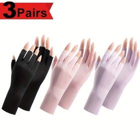Resim 3 Çift Kadın Yaz Ultra-İnce Esnek Nefes Alabilen Yarım Parmak Açık Hava Spor Eldivenleri - Hafif, Makinede Yıkanabilir, Siyah, Pembe, Açık Mor, Bahar/Yaz Eldivenleri | Şık Eldiven Tasarımı | Esnek Kumaş 