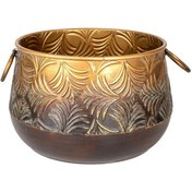 Resim Euroflora HDYEN03843 Kabartma Yaprak Desenli Kulplu Metal Saksı Altın Eskitme 36,5x23cm 