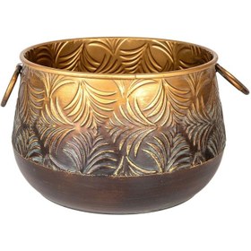 Resim Euroflora HDYEN03843 Kabartma Yaprak Desenli Kulplu Metal Saksı Altın Eskitme 36,5x23cm 