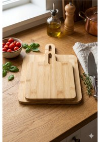 Resim 2'li Doğal Bambu Kesme Tahtası Ve Sunum Seti - 30x24 Cm Ve 24x17 Cm Dikdörtgen Mutfak Servis Tahtası Açık Bej 