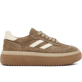 Resim Derimod Kadın Bej Bağcıklı Kalın Tabanlı Süet Hakiki Deri Sneaker, Kışlık Spor Ayakkabı 25AFD512610 Orjinal  |