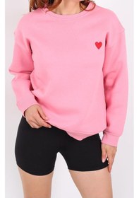 Resim İs Berceste Kadın Bisiklet Yaka Kalp Nakışlı 3 İplik Şardonlu Sweatshirt Pembe 