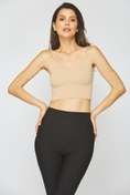 Resim Buem Yakası Dilimli Triko Crop Bluz Camel 
