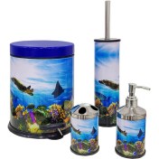 Resim Siliwax Okyanus Desen-4lü Set Pedallı Yavaş Kapanır Çöp Kovası Wc Klozet Fırça Sabunluk Diş Fırçalık 