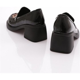 Resim Dgn 2101 Yüksek Taban Taş Detayli Loafer Kadin Ayakkabi Siyah Rugan Leopar 