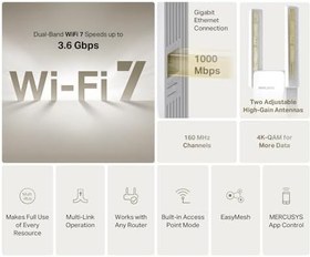 Resim Mercusys ME25BE | BE3600 Wi-Fi 7 Menzil Genişletici | 3600 Mbps Çift Bant Hız | Gigabit Ethernet Port | EasyMesh Uyumlu | Akıllı Sinyal Göstergesi | Sinyal Güçlendirici & Access Point 