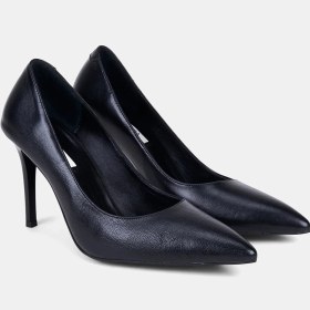 Resim Desa Kadın Siyah Sivri Burunlu Klasik Dokulu Deri Stiletto 