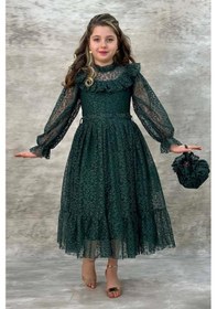 Resim Riccotarz Kız Çocuk Kolları Ve Yakası Şeffaf Tül Ve Fırfır Detaylı Yeşil Elbise 001 