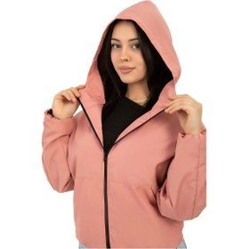 Resim Kadın Pudra Kapüşonlu Su Ve Rüzgar Geçirmez Cepli İçi Astarlı Oversize Yağmurluk Pudra 