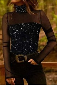 Resim Mefa basic Payet Desenli Tül Bluz 