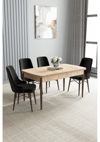 Resim Jusie Meşe Desen 80x132 Açılabilir Mutfak Masası Takımı 4 Adet Sandalye Siyah 