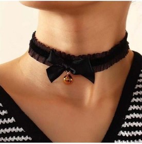 Resim Kadın Şeritli Dantelli Zilli Choker Tasma Kolye Altın 