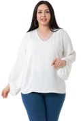 Resim DISENTIS MODEST Büyük Beden Yakası Dantelli Kol Ağzı Geniş Lastikli Beyaz Bluz 