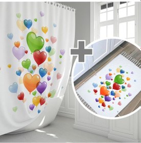 Resim Renkli Balonlu Banyo Perde Seti-Kaymaz Taban Banyo Paspası ve Duş Perdesi Seti-Kapı Önü Paspası 