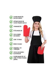 Resim Star Ayar Askılı 5li Mutfak Önlüğü Seti Ayar Askılı Havlulu Önlük, Şapka, Eldiven, Tutacak Siyah-siyah-kırmızı 