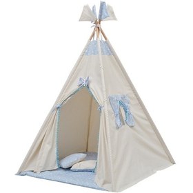 Resim Exorbaby Lüks,büyük Boy,ahşap Ve Pamuklu Naturel Kumaş,toplanmaz,devrilmez,puf Minderli Oyun Çadırı Mavi 