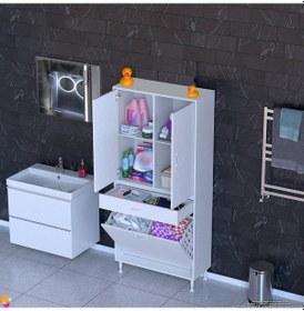 Resim Modilayn Yeni Afra 85x173x32,5 Cm' Lik 1 Çekmece, 2 Göz Sepet, 2 Kapak, 4 Raf Dar Alan Banyo Dolabı Beyaz 