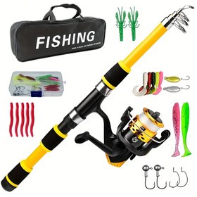 Resim Döner Makara, Yem saç tokası, Seyahat Kutusu ve Saklama Çantası Seti ile Taşınabilir Teleskopik Olta, Yumuşak Yem T-Şekilli Kuyruk Önceden Yumuşatılmış Makara Kiti, Tüm Bir Arada Olta Ekipmanı 