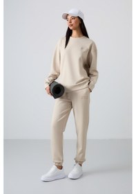 Resim Tommy Life Bej Basic Pamuklu O Yaka Oversize Lastik Paça Kadın Eşofman Takım - 95287 Bej 