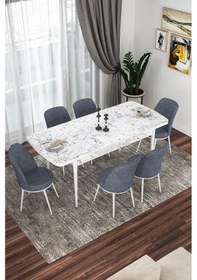 Resim Canisa Kor Serisi, Beyaz Mermer Desen 70x114 Açılabilir Yemek Masa Takımı,6 Füme Sandalye Masa Beyaz Mermer Desenli Sandalyeler Füme 