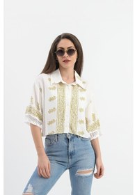 Resim Antik Desenli Kolları Püsküllü Gömlek - Haki-haki Haki 