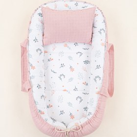 Resim Babynest ve Yastık - Çift Taraflı - Pudra Muslin - Yeşil Çiçekler 