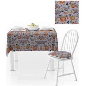Resim Bal Kabağı Desenli Yapraklı Beyaz Zemin Turuncu Dijital Baskılı Petek Dokuma Masa Örtüsü 140x260 